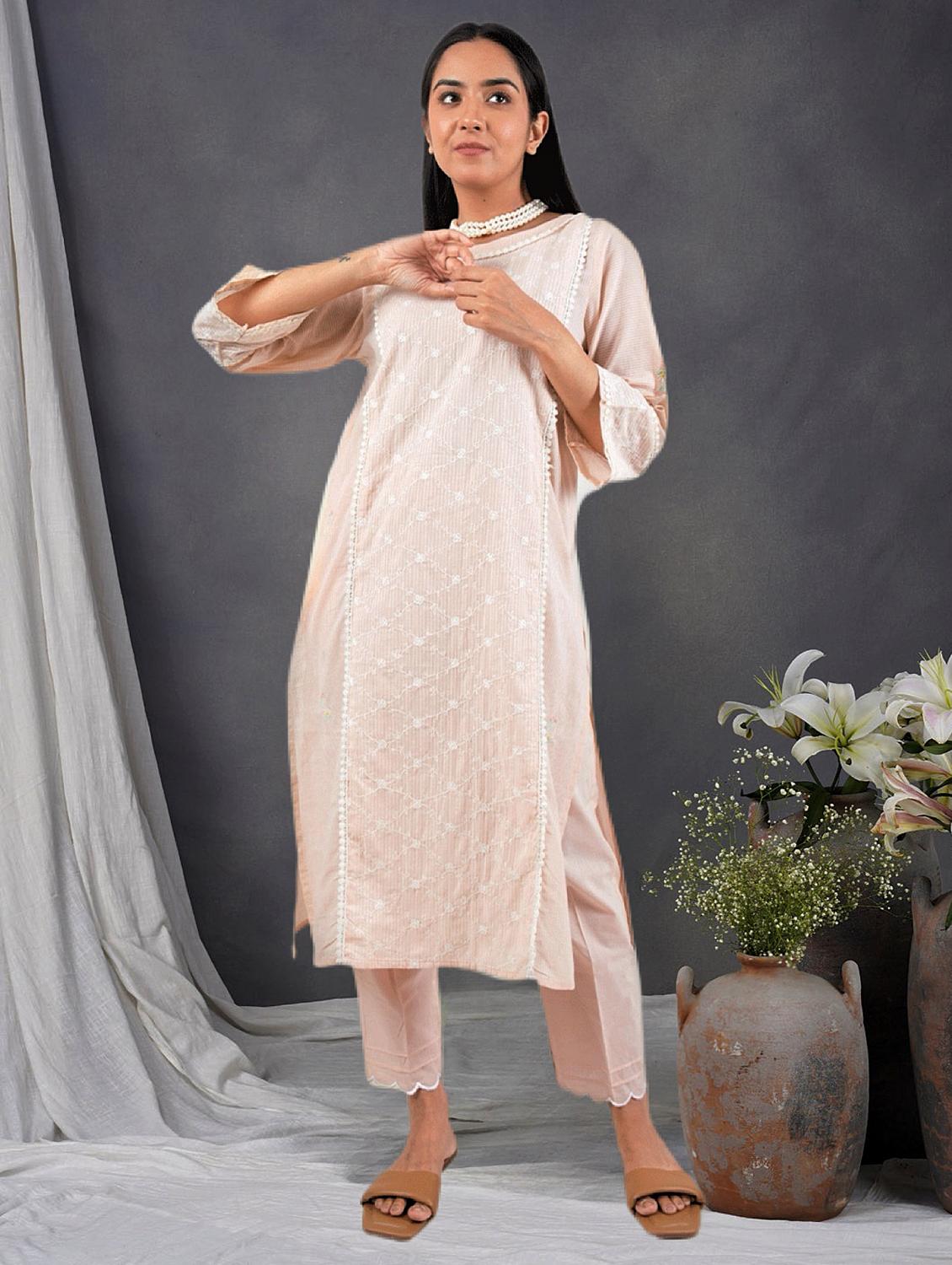 women solid with work three quarter sleeve a-line kurta - 21974974 -  Zoom Image - 0