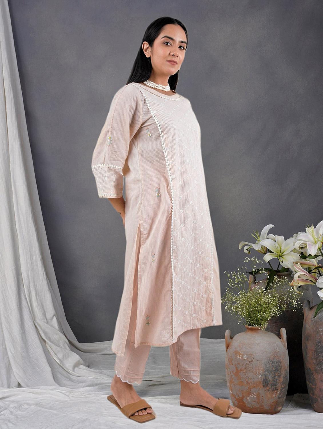 women solid with work three quarter sleeve a-line kurta - 21974974 - Standard Image - 1