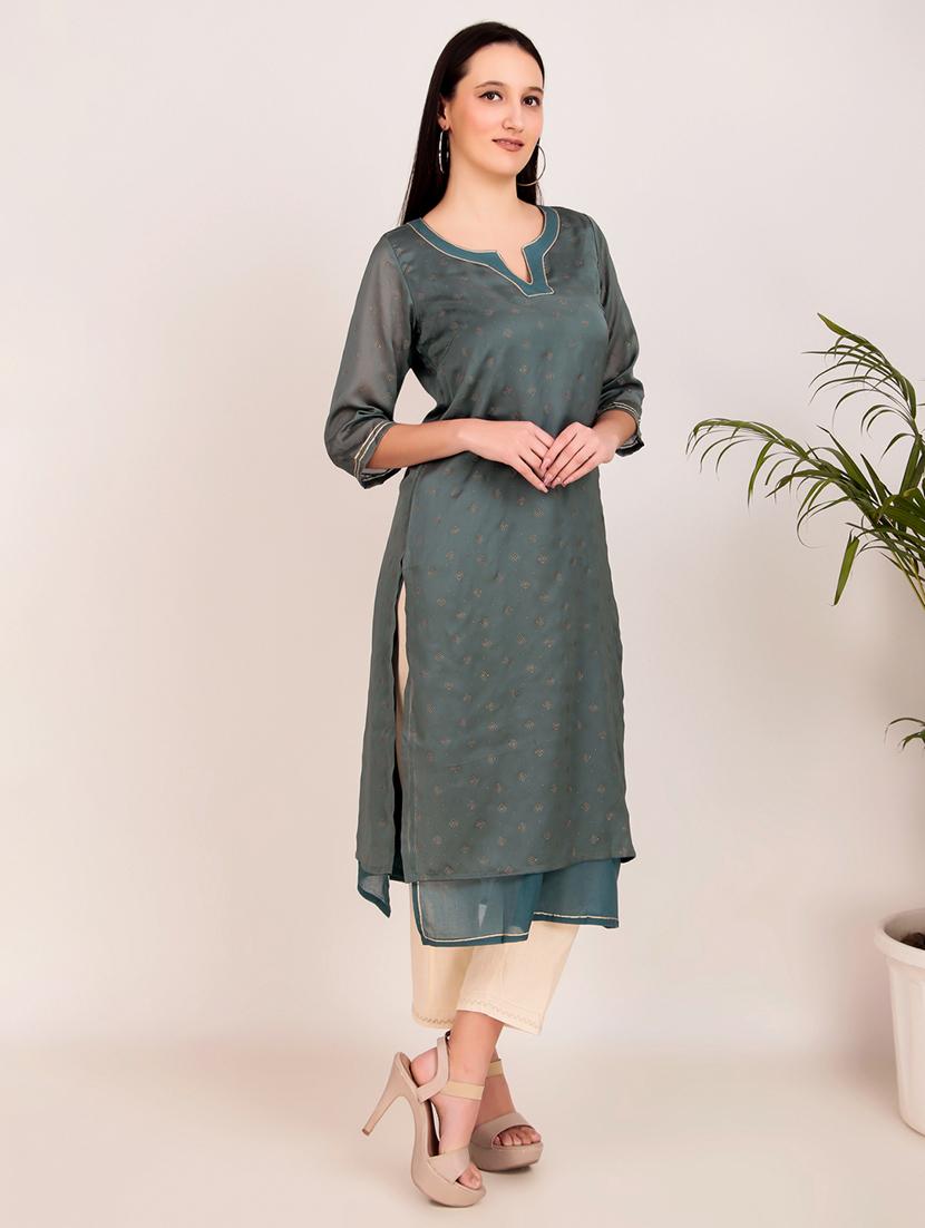 women solid with work three quarter sleeve layered kurta - 21974975 - Standard Image - 1