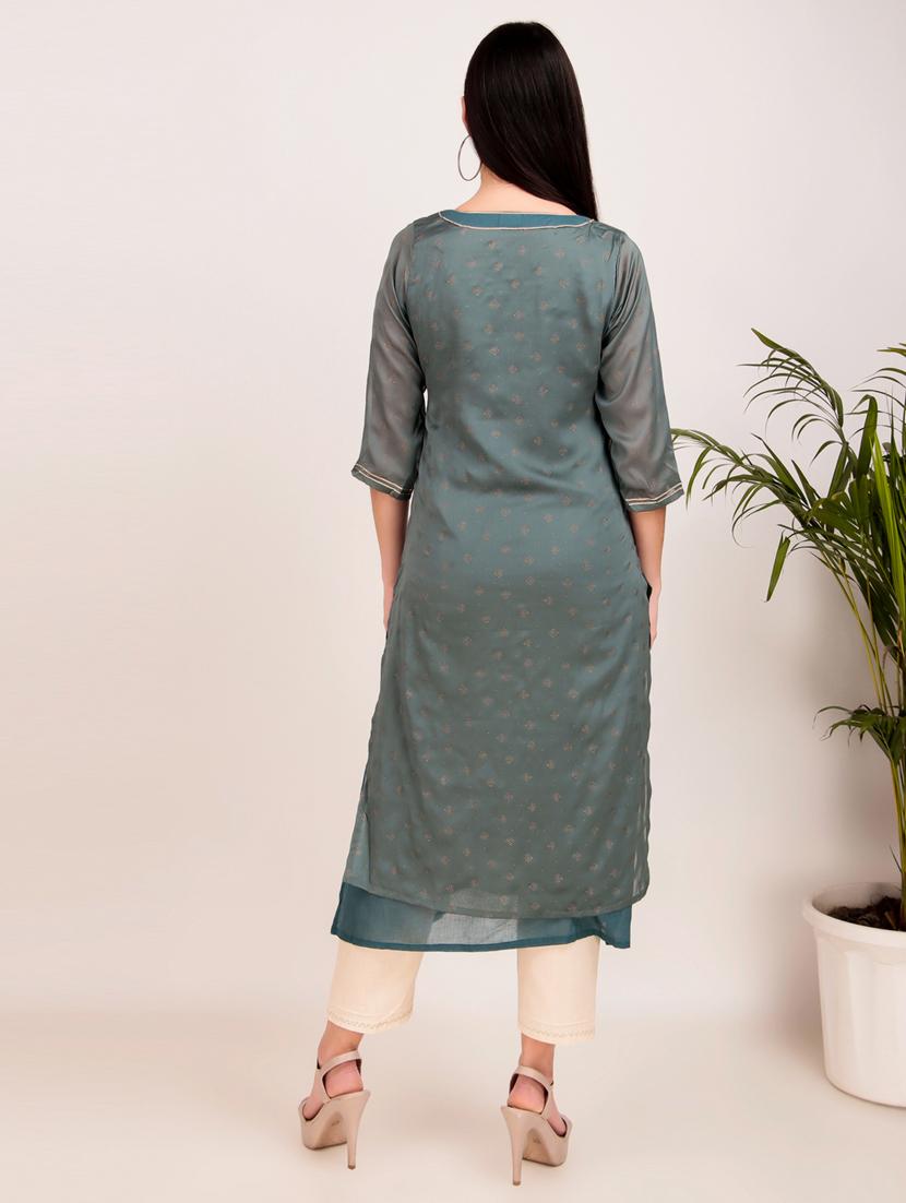 women solid with work three quarter sleeve layered kurta - 21974975 - Standard Image - 4