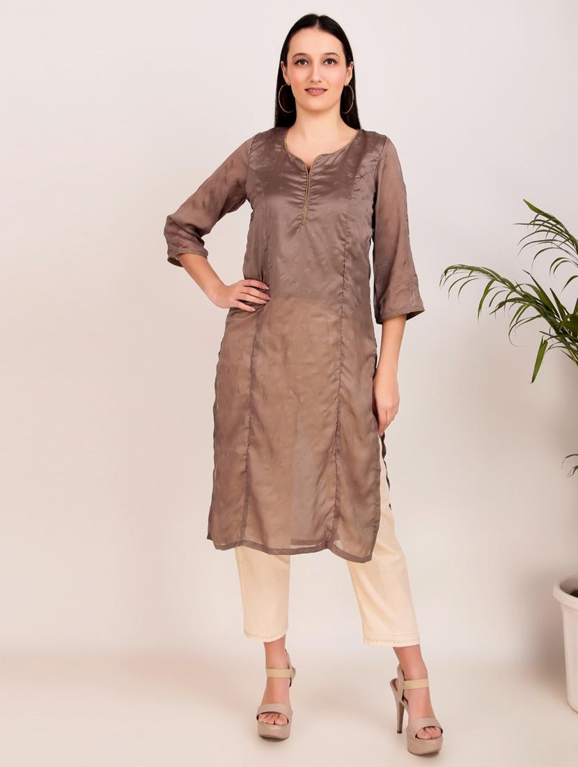 women solid with work three quarter sleeve straight kurta - 21974976 - Standard Image - 1