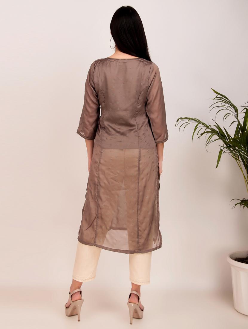 women solid with work three quarter sleeve straight kurta - 21974976 - Standard Image - 4
