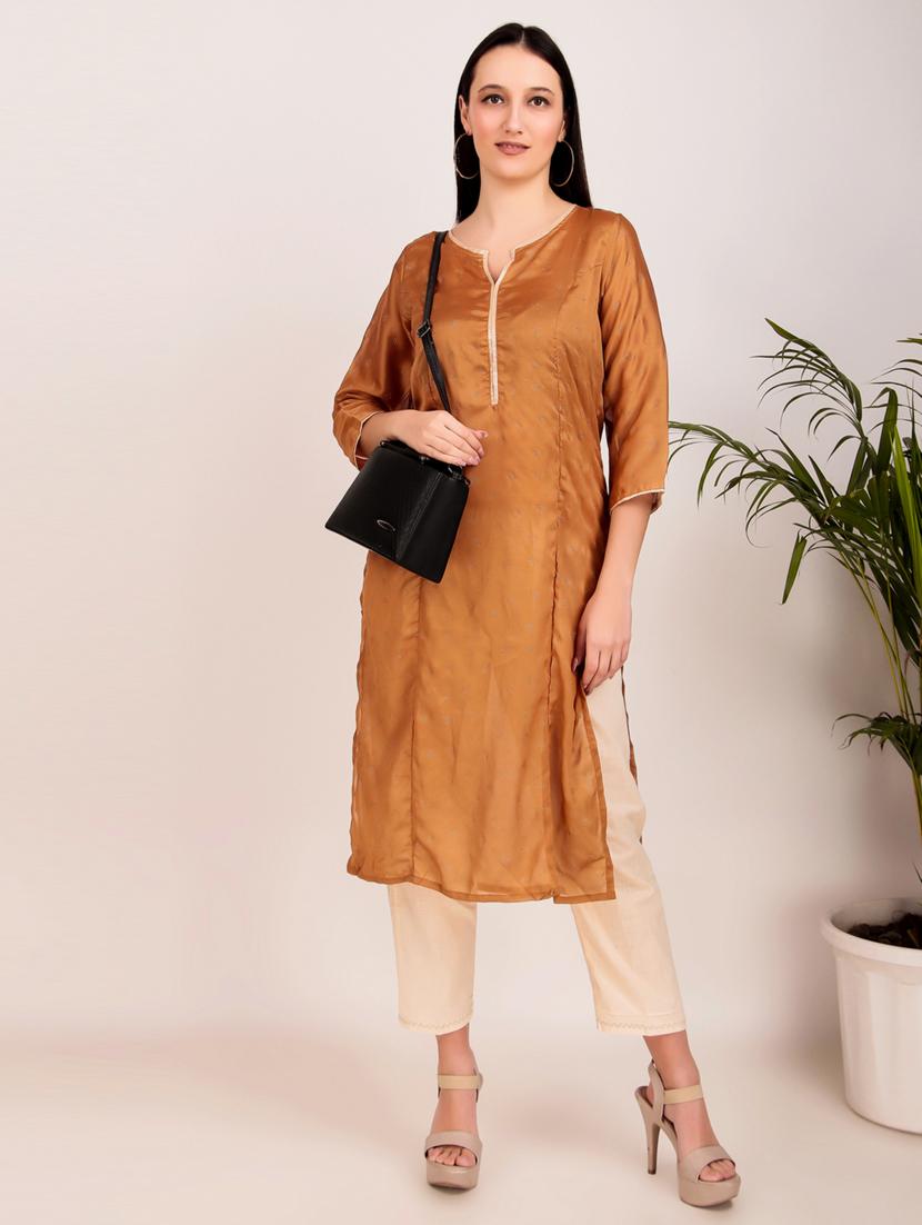 women solid with work three quarter sleeve straiight kurta - 21974977 - Zoom Image - 0