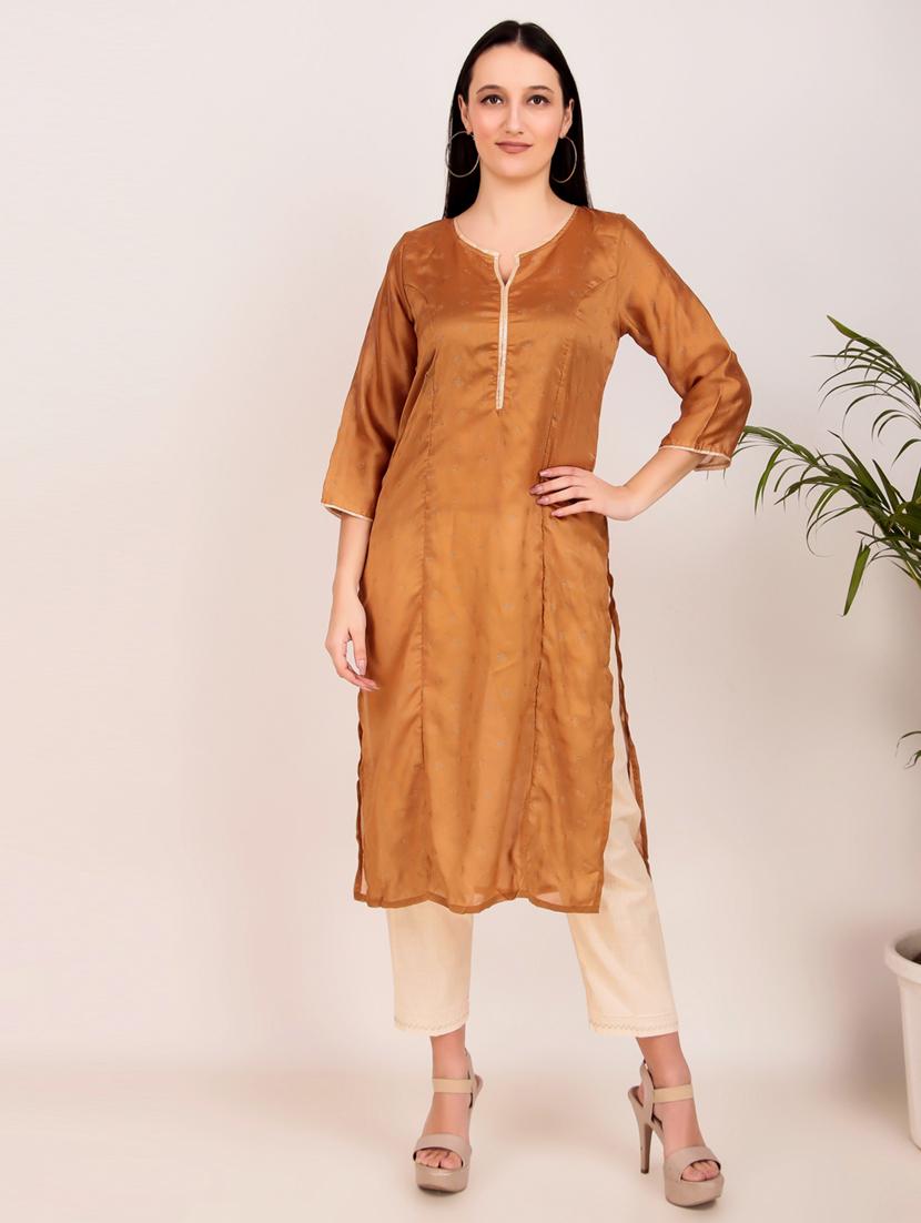 women solid with work three quarter sleeve straiight kurta - 21974977 -  Standard Image - 1