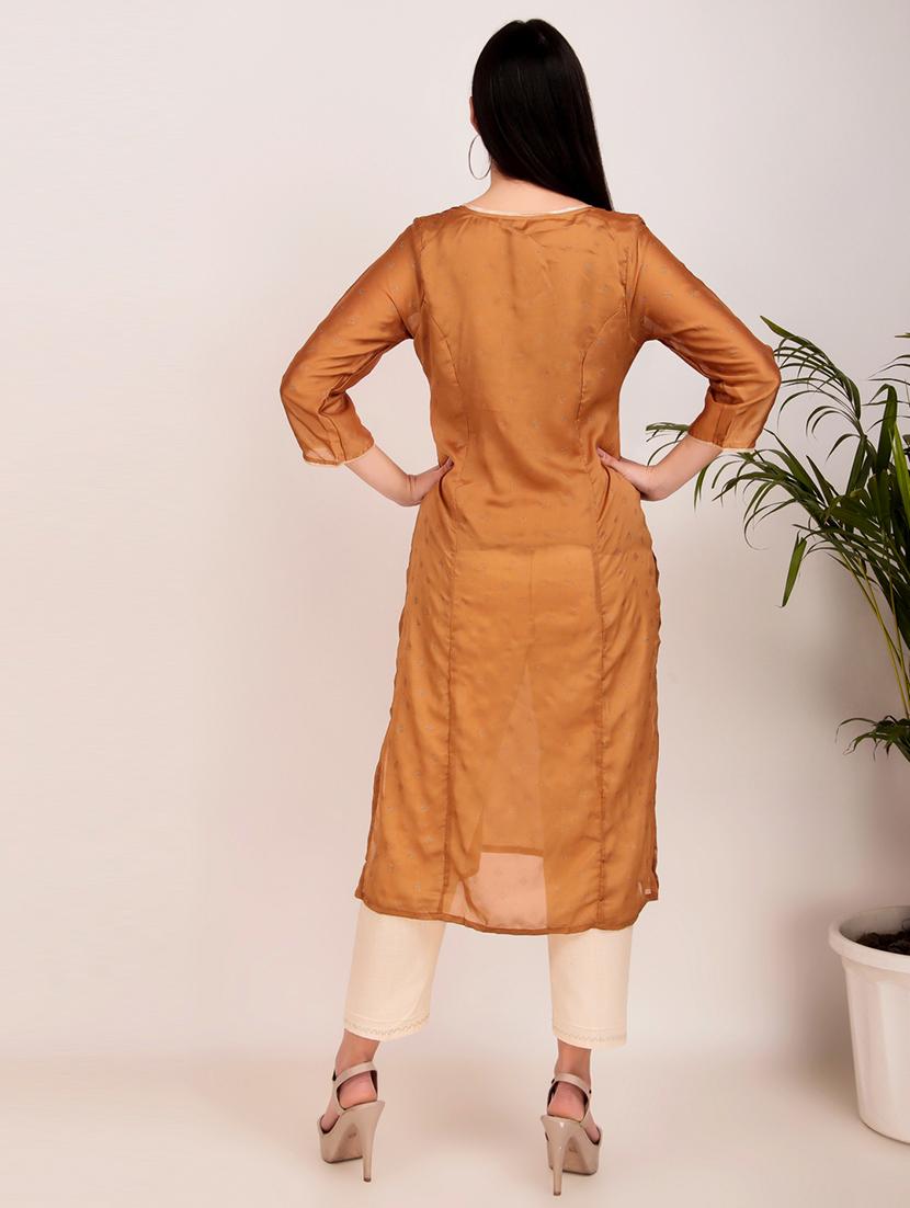 women solid with work three quarter sleeve straiight kurta - 21974977 - Standard Image - 4