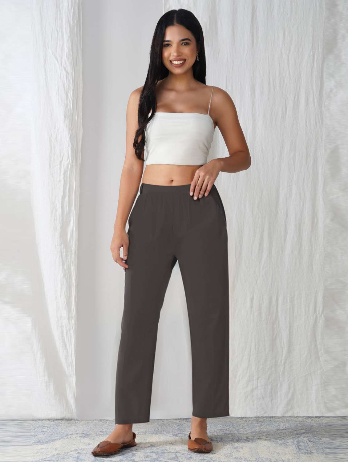 women solid mid rise ankle length tapered pant - 21975001 -  Standard Image - 1