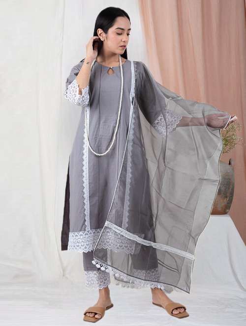 women three quarter sleeve kurta pant with dupatta set - 21975059 -  Standard Image - 0