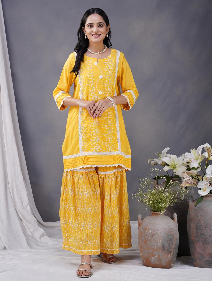women three quarter sleeve kurta sharara with dupatta set - 21975060 -  Standard Image - 1