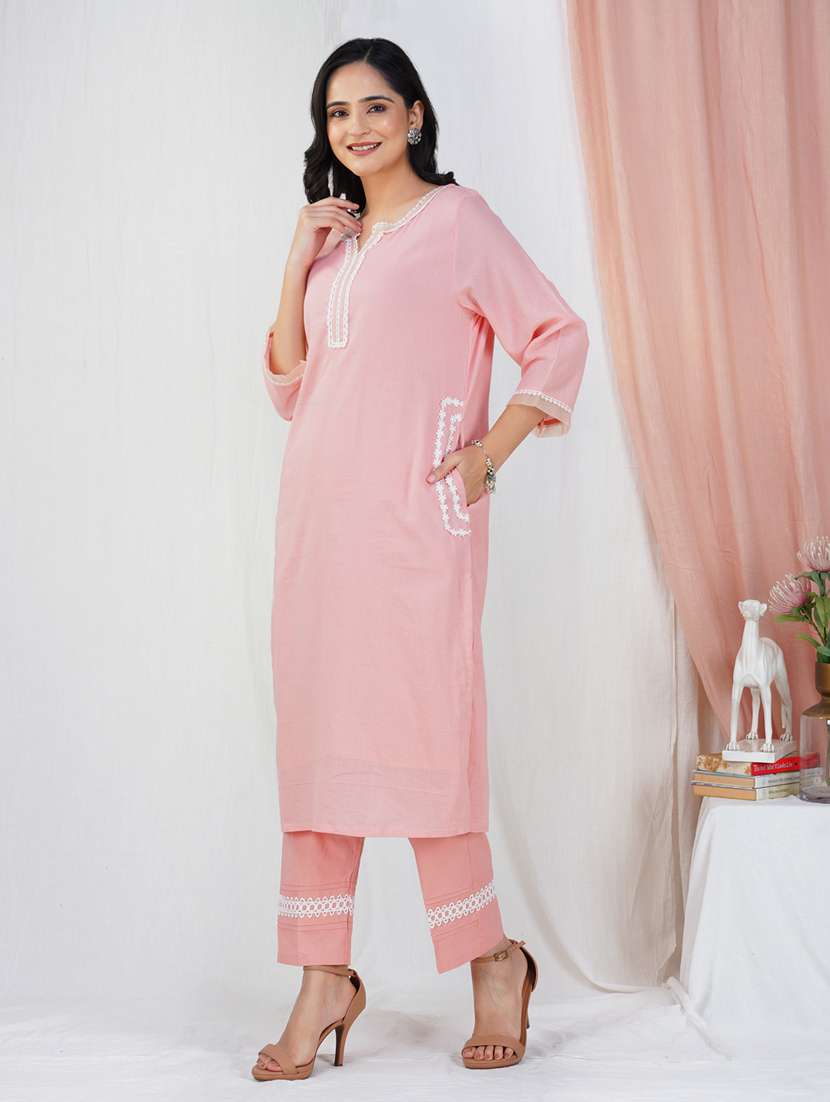 women solid with work three quarter sleeve kurta pant set - 21975064 -  Standard Image - 1