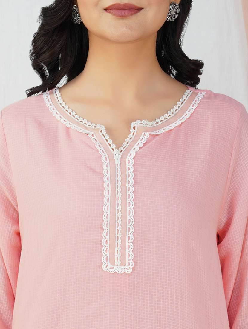 women solid with work three quarter sleeve kurta pant set - 21975064 -  Standard Image - 4