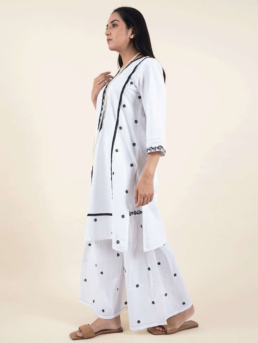 women solid with work three quarter sleeve kurta sharara set - 21975083 -  Standard Image - 1