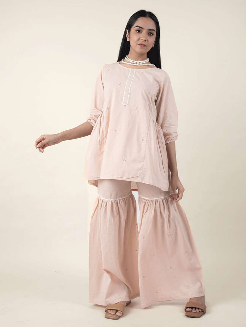 women solid with work three quarter sleeve kurta sharara set - 21975086 -  Standard Image - 1