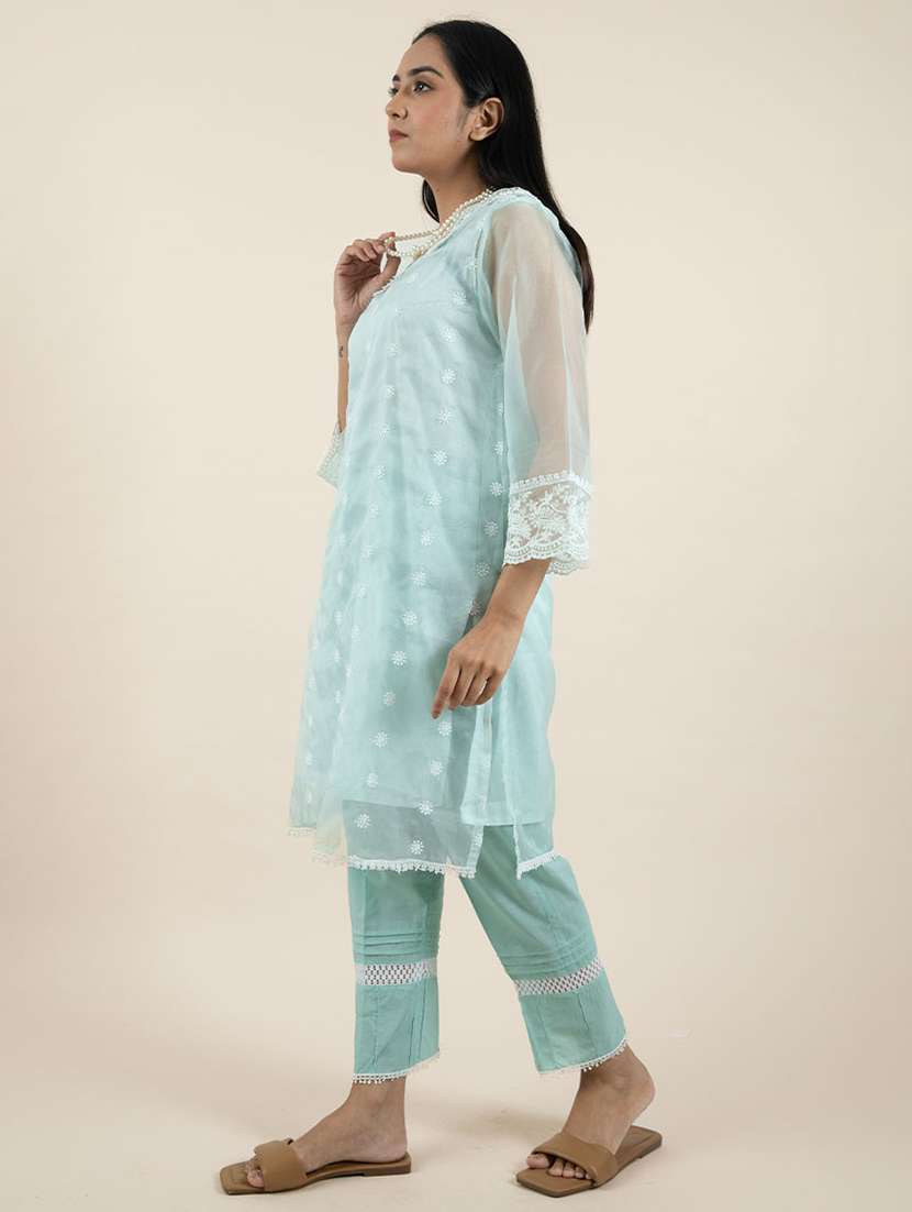 women solid with work three quarter sleeve kurta pant set - 21975088 -  Standard Image - 1