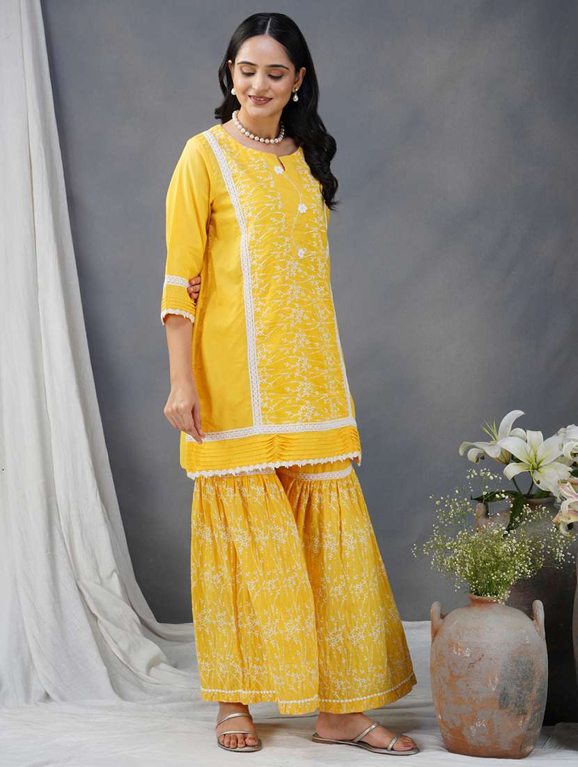 women solid with work three quarter sleeve kurta sharara set - 21975089 -  Standard Image - 1