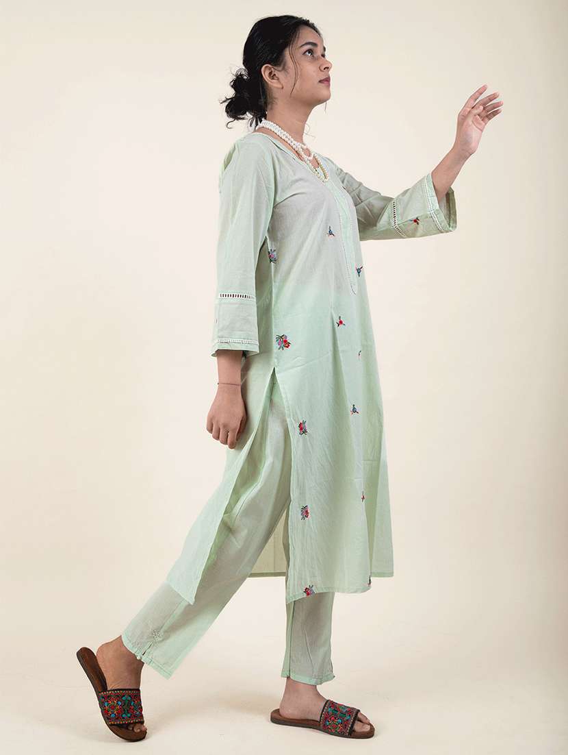 women solid with work three quarter sleeve kurta pant set - 21975090 -  Standard Image - 1