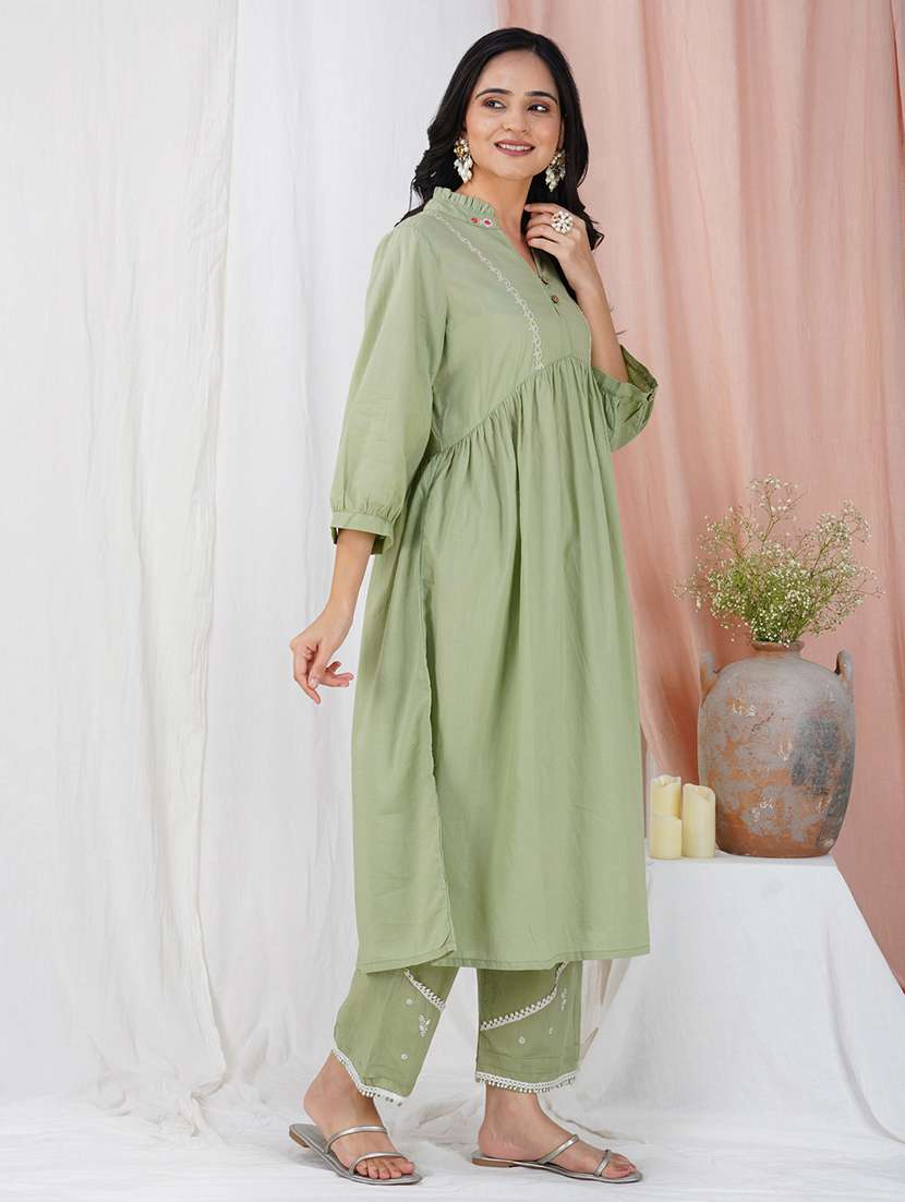 women solid with work three quarter sleeve kurta pant set - 21975093 -  Standard Image - 1