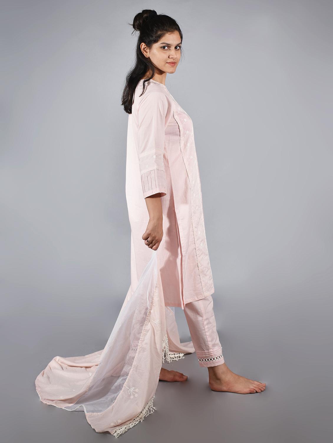 women solid with work three quarter sleeve kurta pant with dupatta set - 21975109 -  Standard Image - 1