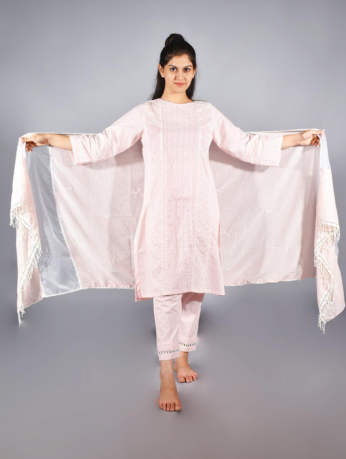 women solid with work three quarter sleeve kurta pant with dupatta set - 21975109 - Standard Image - 4