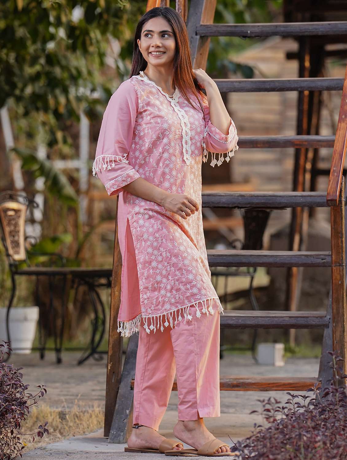 women solid with work three quarter sleeve kurta pant set - 21975111 - Standard Image - 1