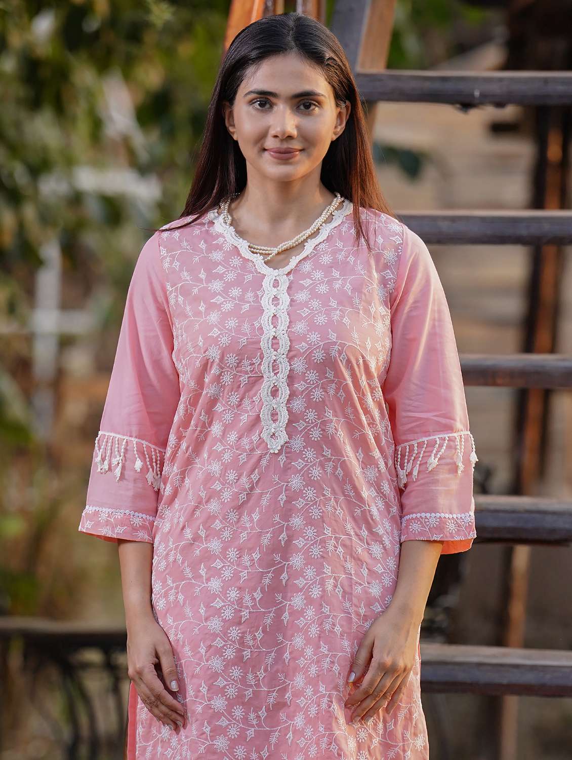 women solid with work three quarter sleeve kurta pant set - 21975111 - Standard Image - 4