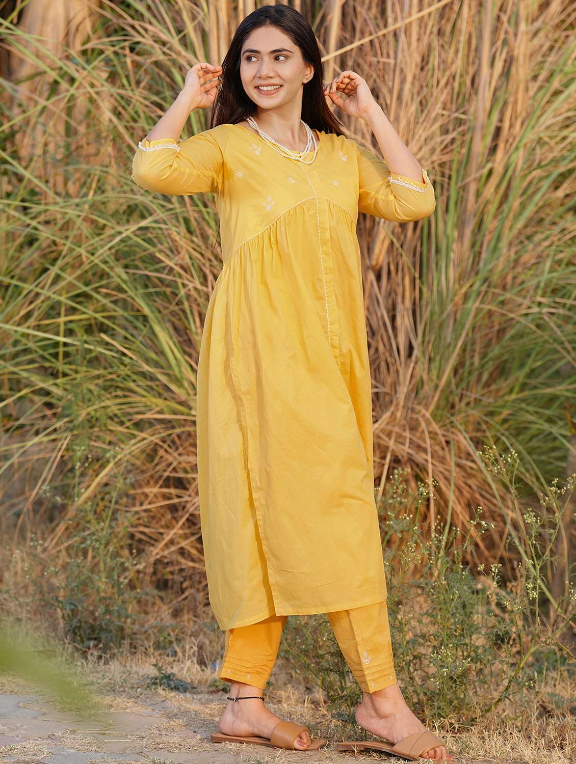 women solid with work three quarter sleeve kurta pant set - 21975112 -  Standard Image - 1