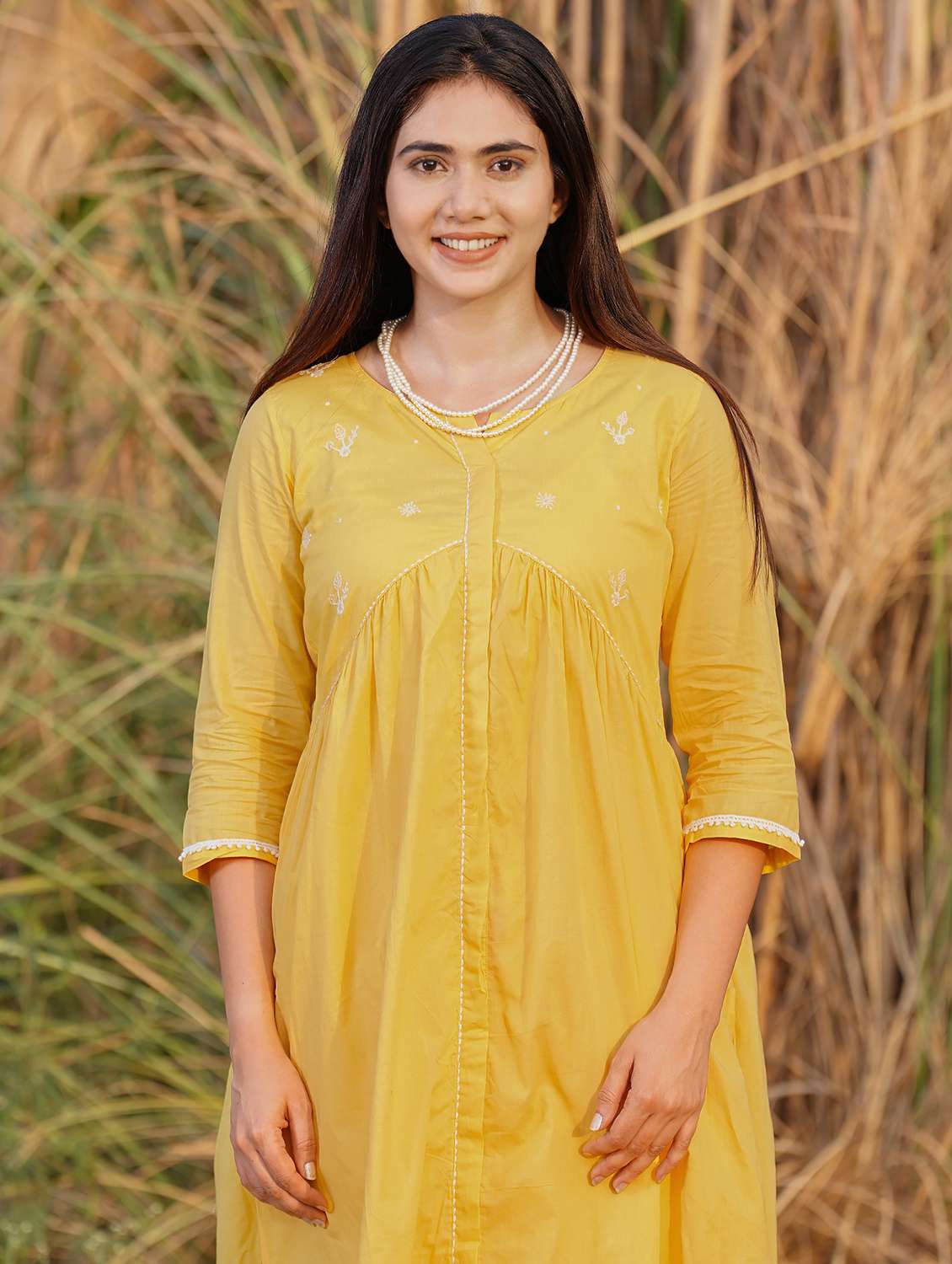 women solid with work three quarter sleeve kurta pant set - 21975112 -  Standard Image - 4