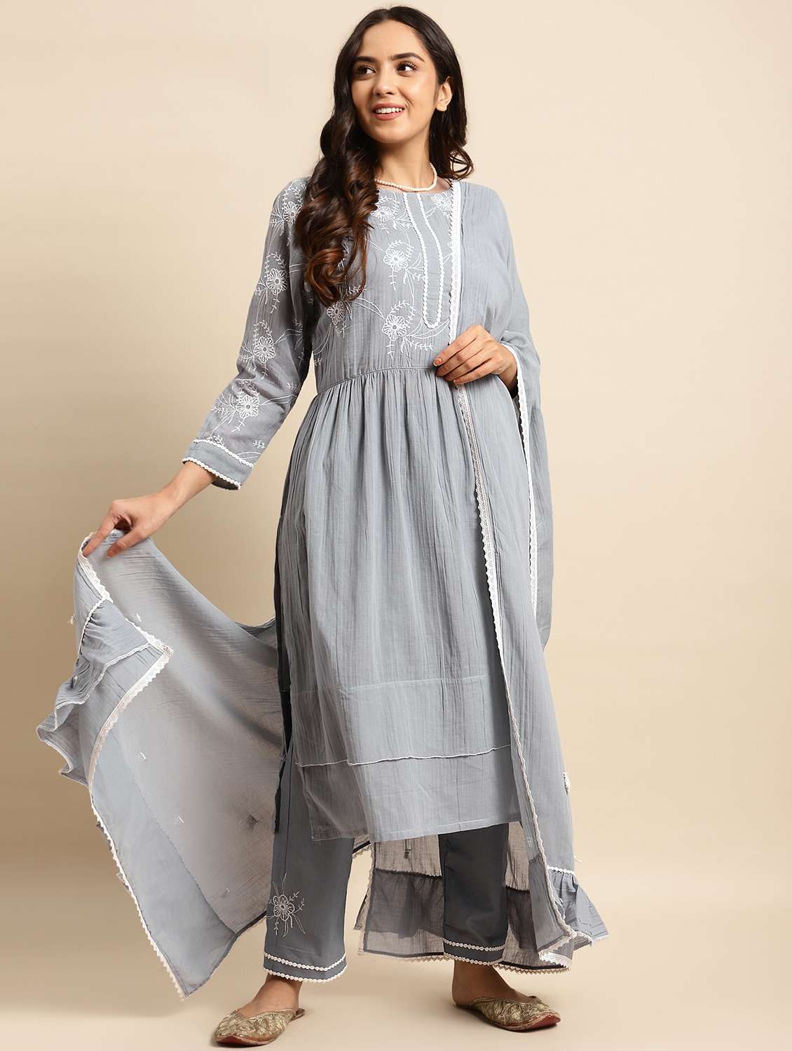 women three quarter sleeve kurta pant with dupatta set - 21975118 -  Standard Image - 1