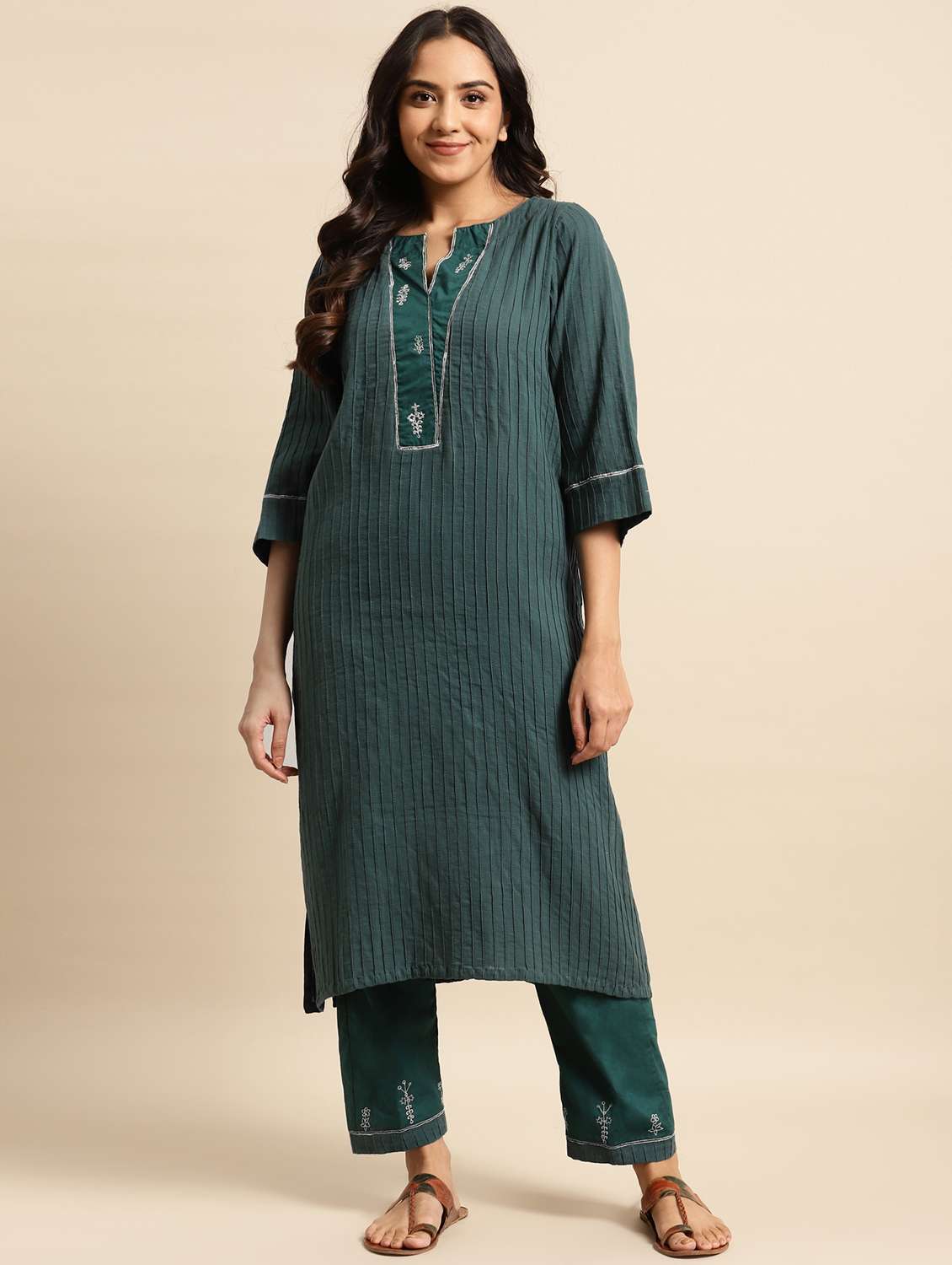 women solid three quarter sleeve kurta pant set - 21975119 -  Standard Image - 1