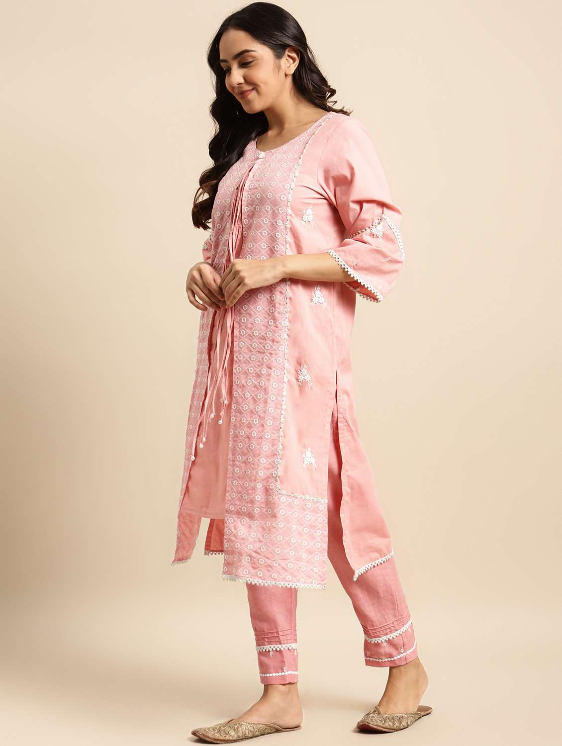 women solid with work three quarter sleeve kurta pant set - 21975120 -  Standard Image - 1