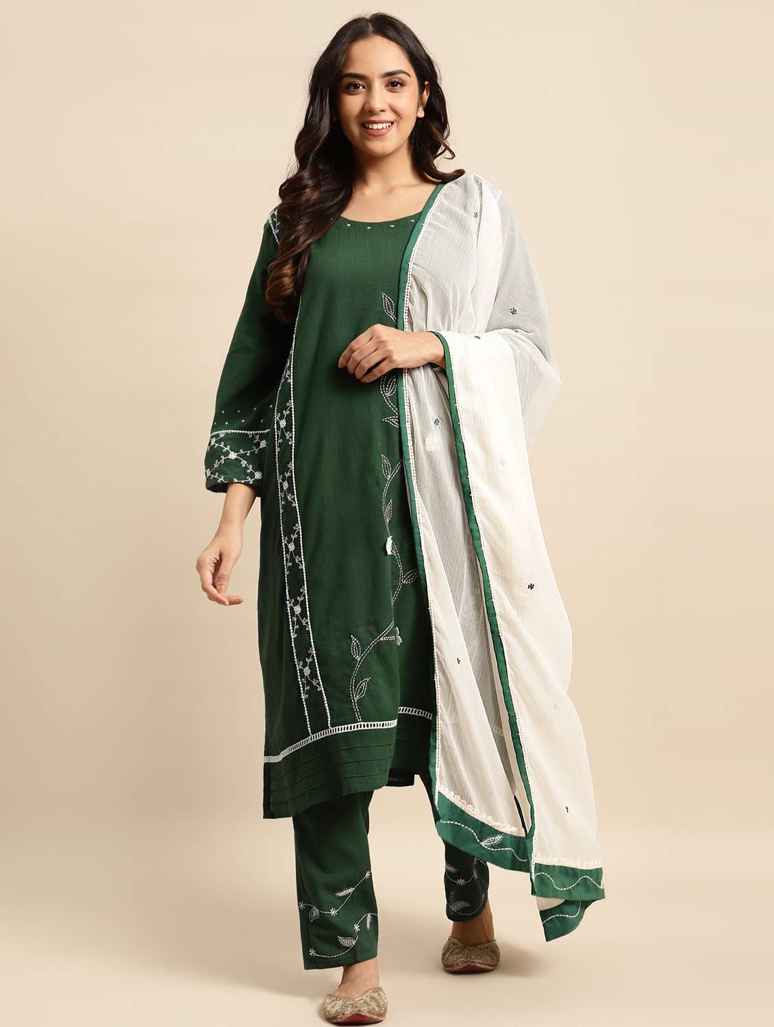 women solid with work long sleeve kurta pant with dupatta set - 21975121 -  Standard Image - 1