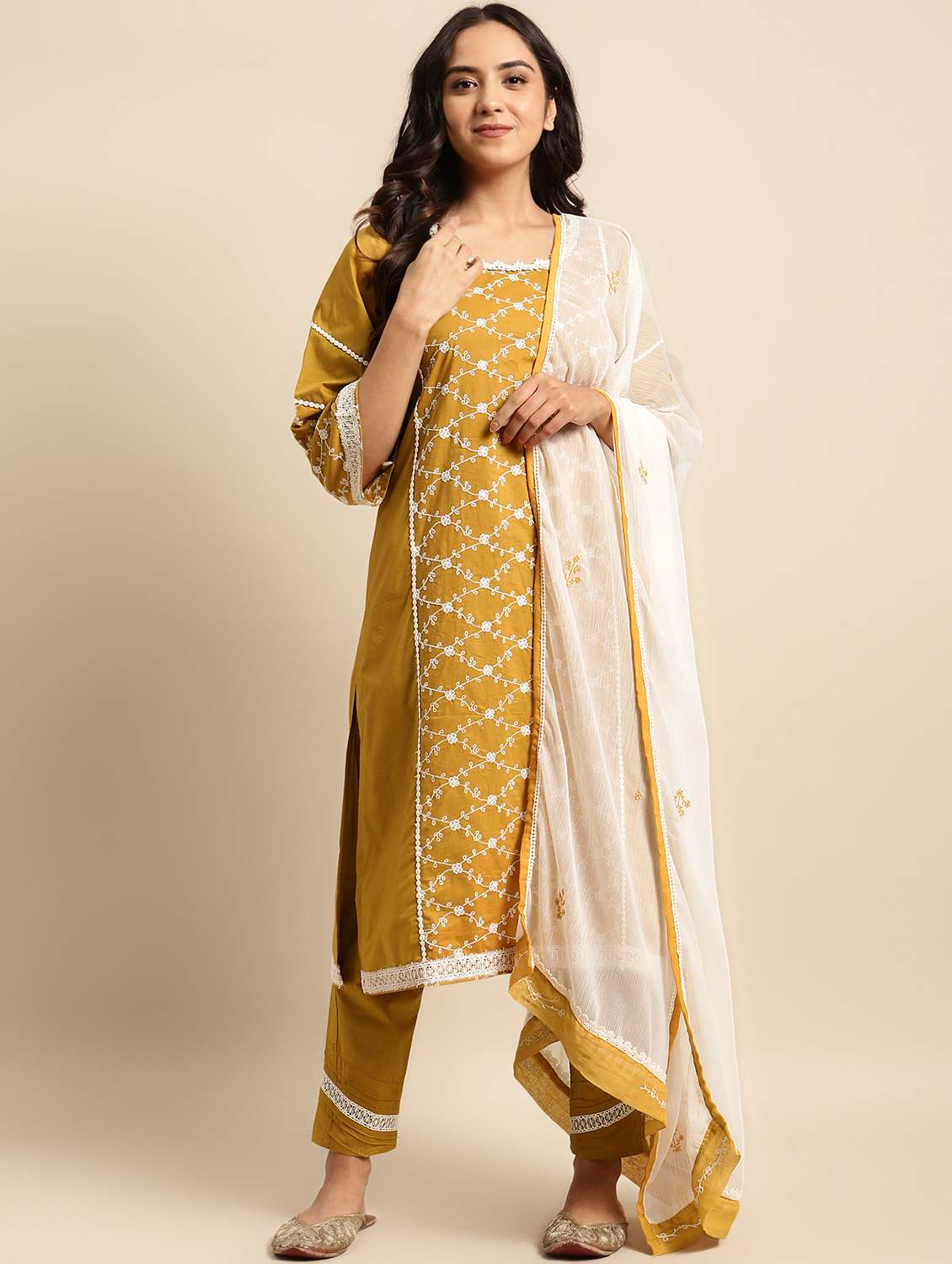 women solid with work three quarter sleeve kurta pant with dupatta set - 21975122 -  Standard Image - 1