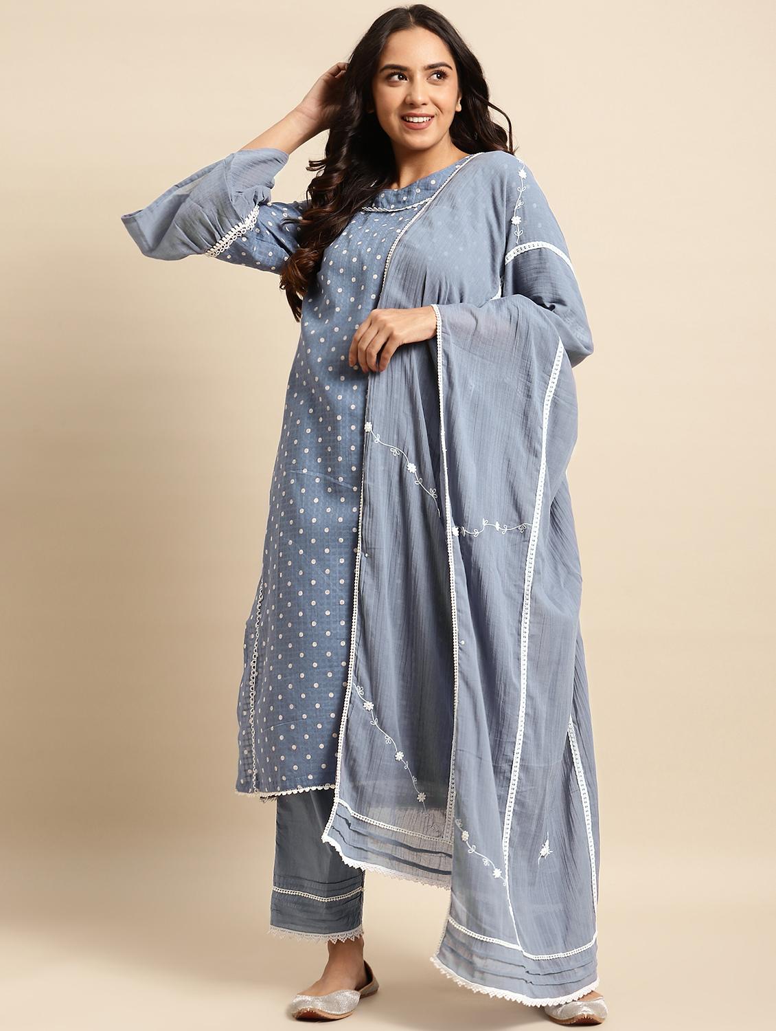 women polka dot bell sleeve kurta pant with dupatta set - 21975123 -  Standard Image - 1