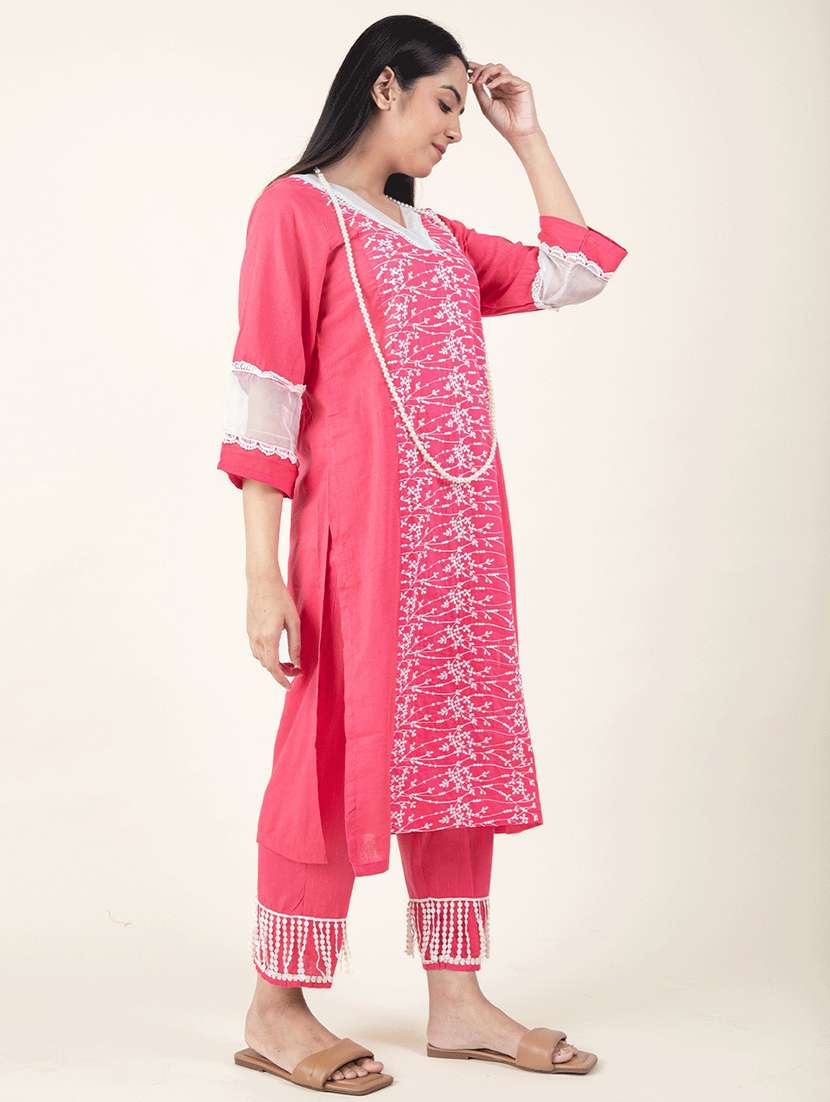 women solid with work three quarter sleeve kurta pant set - 21975124 - Standard Image - 1