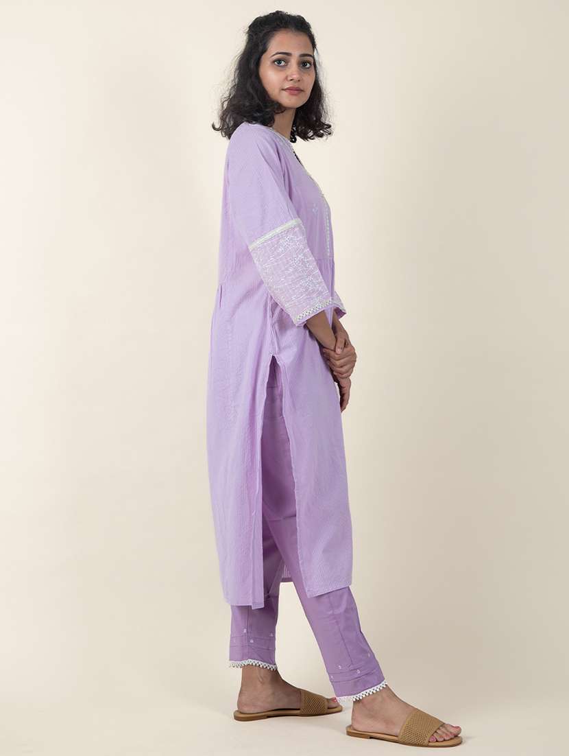 women solid with work three quarter sleeve kurta pant set - 21975125 - Standard Image - 1