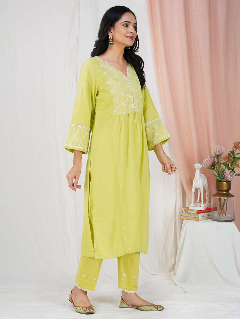 women solid with work three quarter sleeve kurta pant set - 21975126 - Standard Image - 1