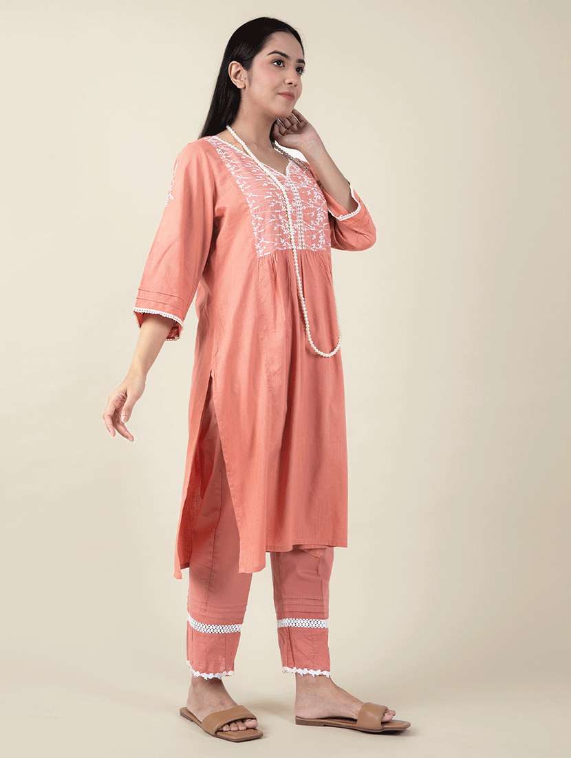 women solid with work three quarter sleeve kurta pant set - 21975128 -  Standard Image - 1