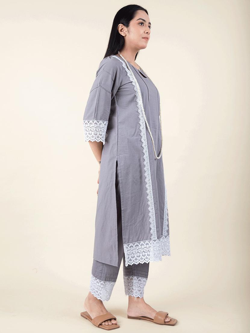 women solid with work three quarter sleeve kurta pant set - 21975130 -  Standard Image - 1