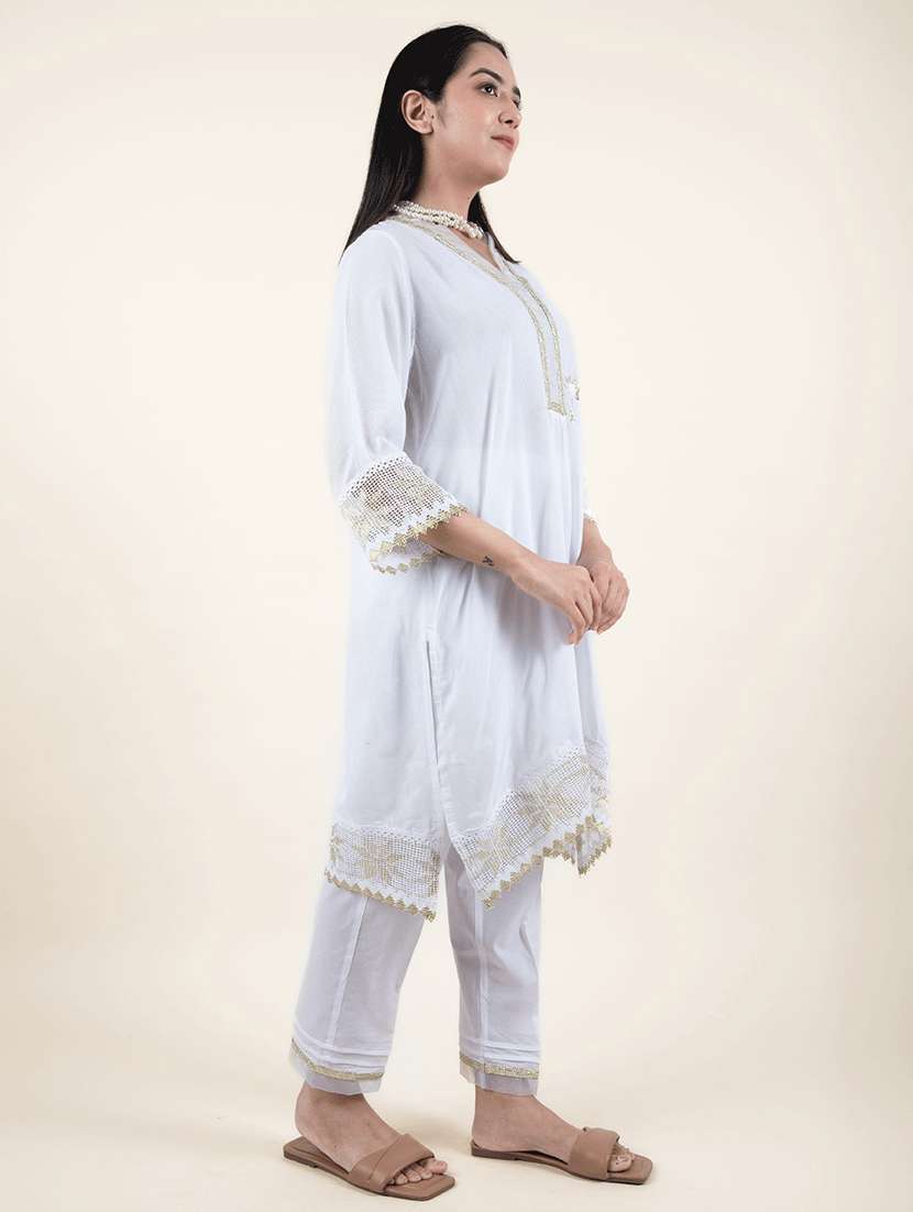 women solid with work three quarter sleeve kurta pant set - 21975131 - Standard Image - 1