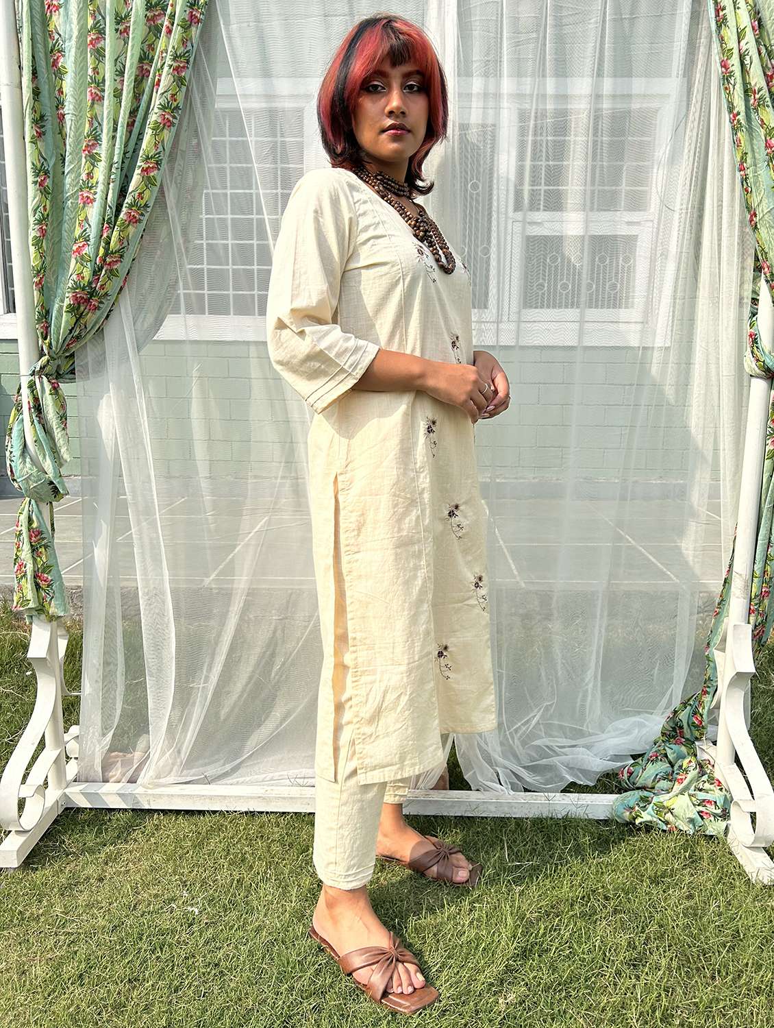 women solid with work three quarter sleeve kurta pant set - 21975133 -  Standard Image - 1