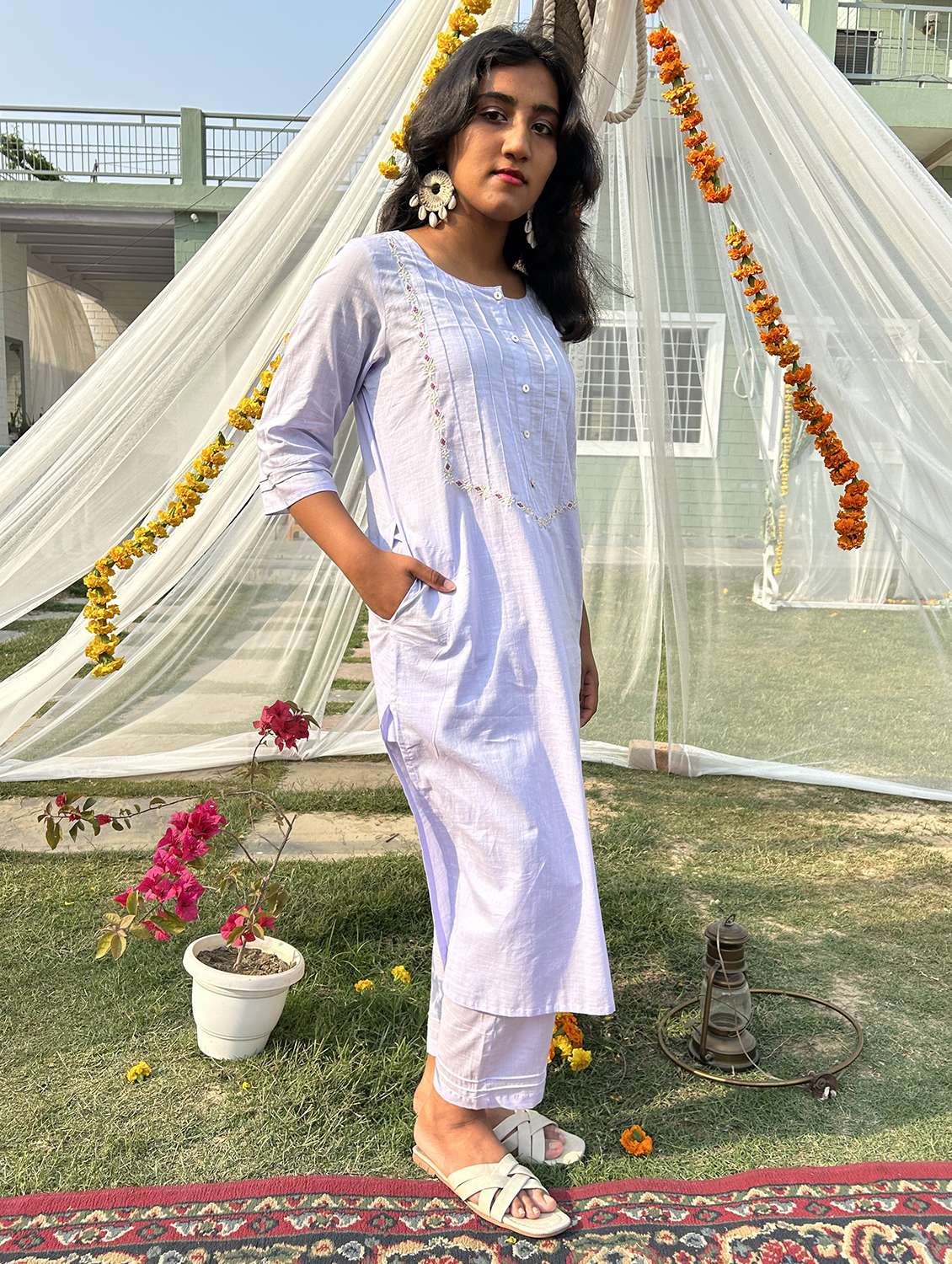 women solid with work three quarter sleeve kurta pant set - 21975134 -  Standard Image - 1