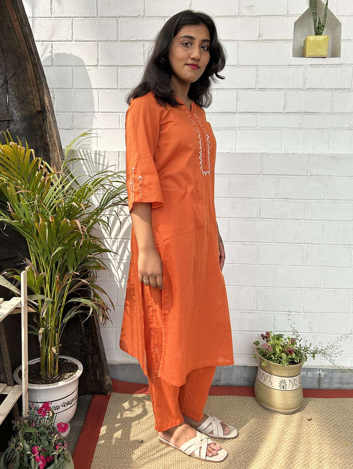 women striped three quarter sleeve kurta pant set - 21975135 -  Standard Image - 1