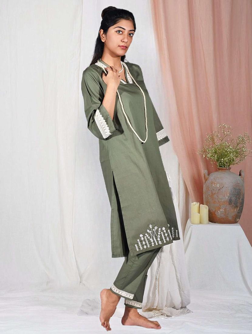 women solid with work three quarter sleeve kurta pant set - 21975136 -  Standard Image - 1