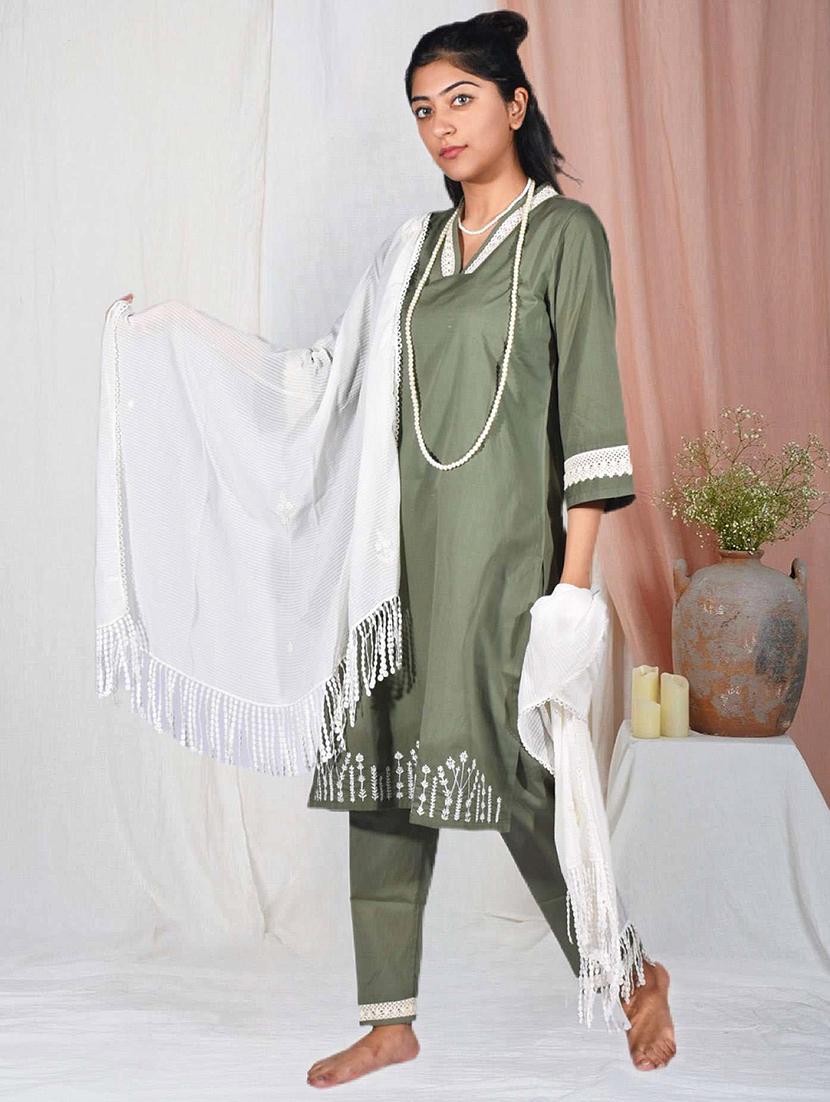 women solid with work three quarter sleeve kurta pant set - 21975136 - Standard Image - 4