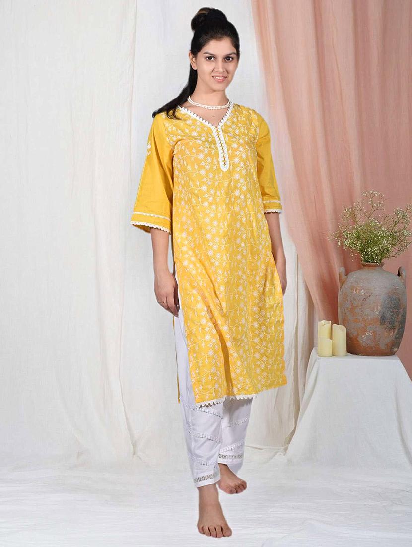 women solid with work three quarter sleeve kurta pant set - 21975137 -  Standard Image - 1