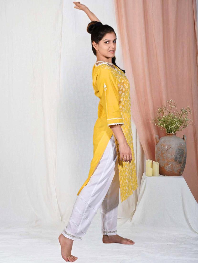 women solid with work three quarter sleeve kurta pant set - 21975137 - Standard Image - 4