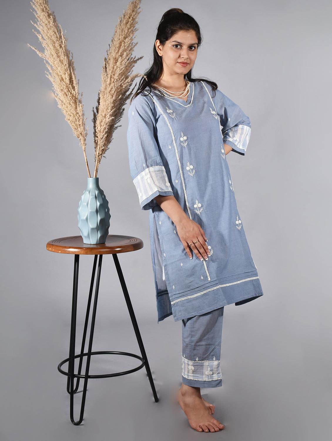 women solid with work three quarter sleeve kurta pant set - 21975139 -  Standard Image - 1