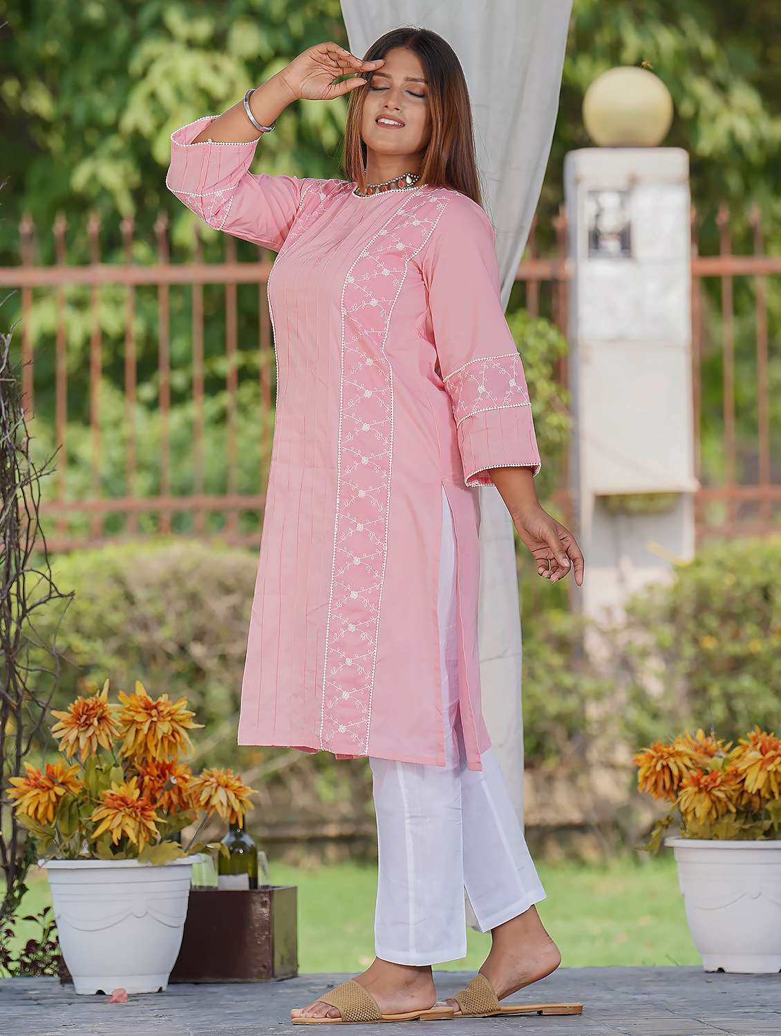 women solid with work three quarter sleeve kurta pant set - 21975140 -  Standard Image - 1