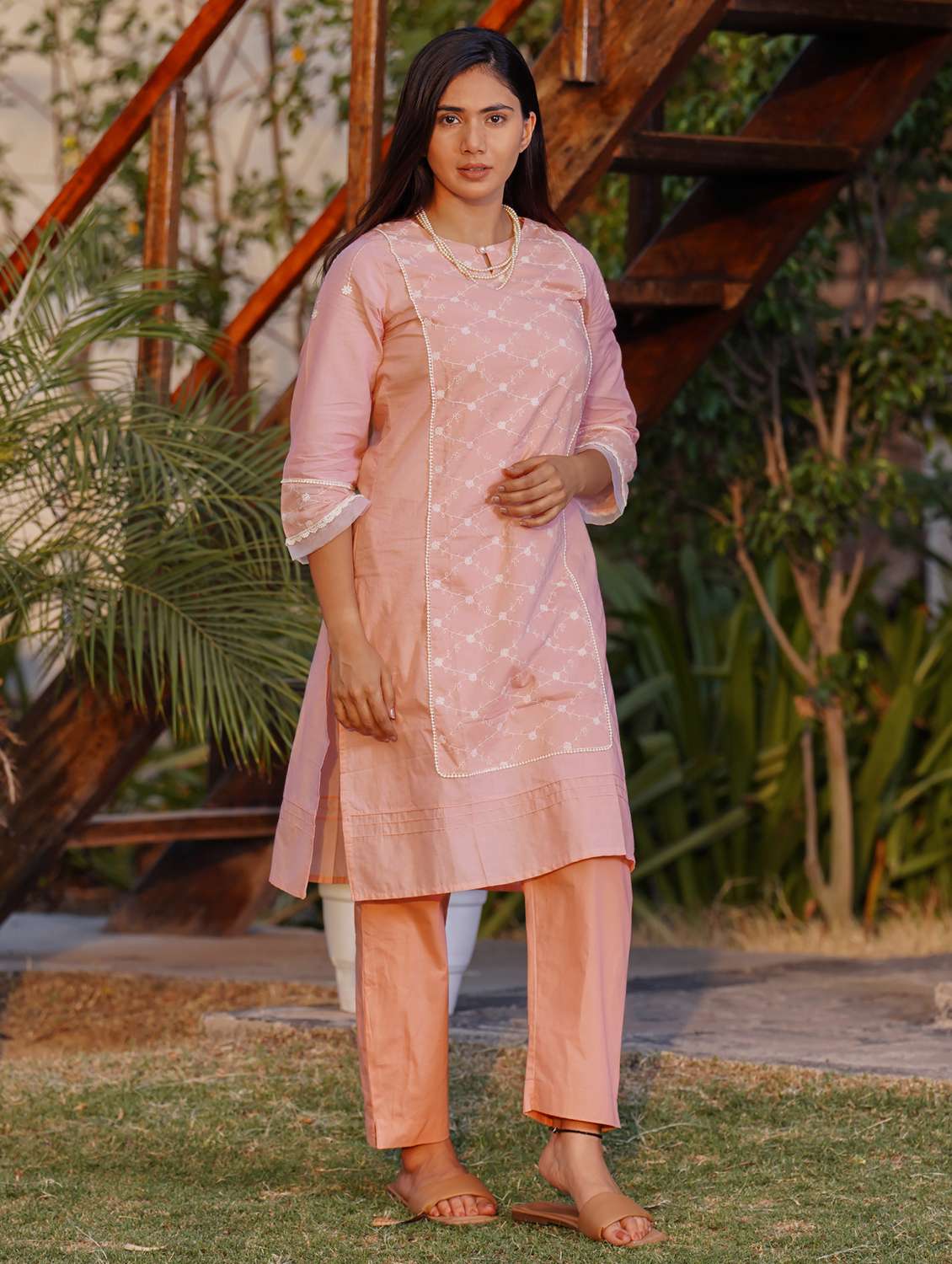 women solid with work three quarter sleeve kurta pant set - 21975141 - Standard Image - 1