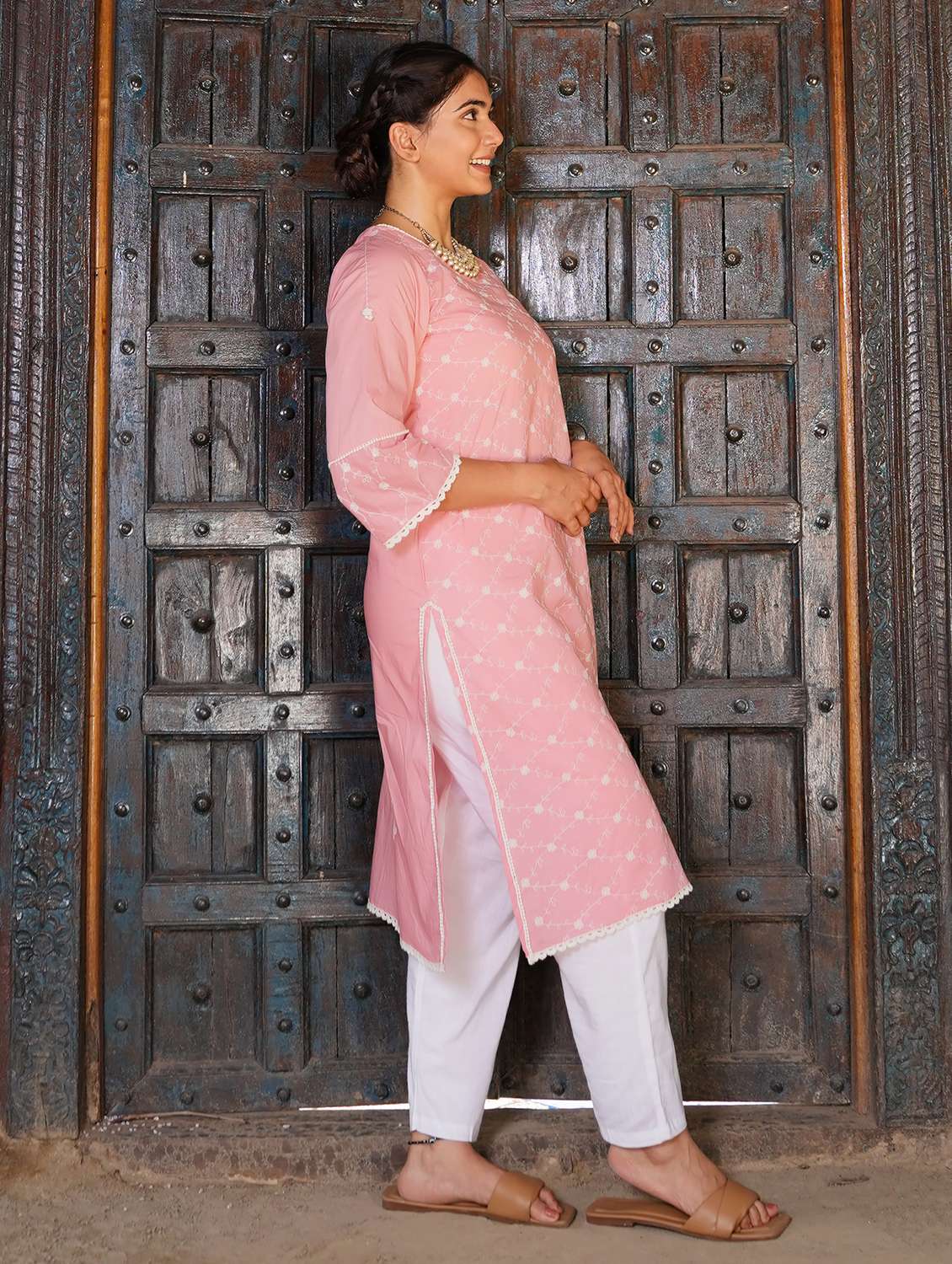 women solid with work three quarter sleeve kurta pant set - 21975142 -  Standard Image - 1