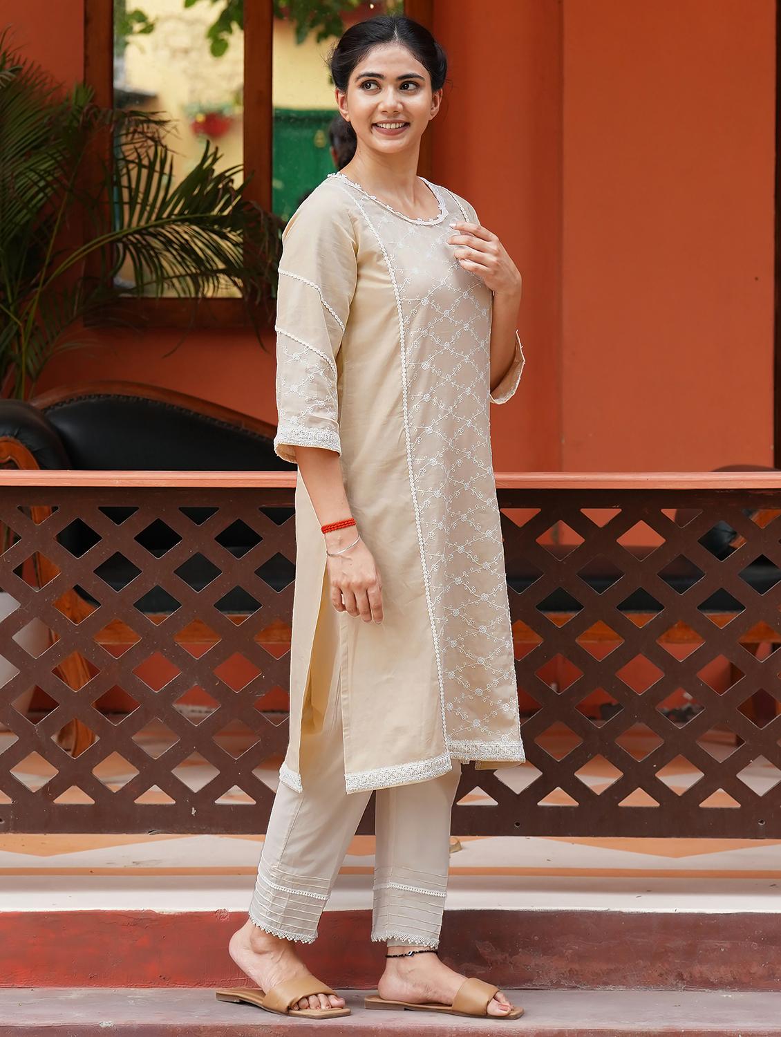 women solid with work three quarter sleeve kurta pant set - 21975143 -  Standard Image - 1
